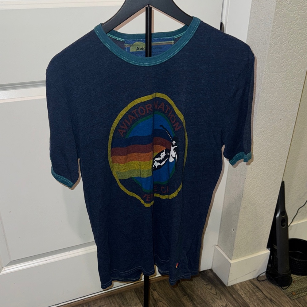 Aviator Nation Dark Blue Tee with Rainbow Graphic